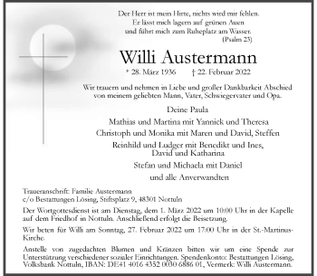 Anzeige von Willi Austermann 