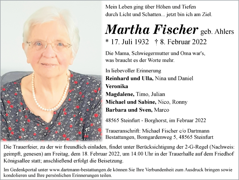  Traueranzeige für Martha Fischer vom 12.02.2022 aus 