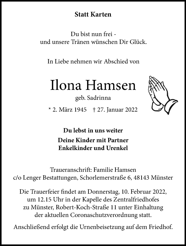  Traueranzeige für Ilona Hamsen vom 05.02.2022 aus 