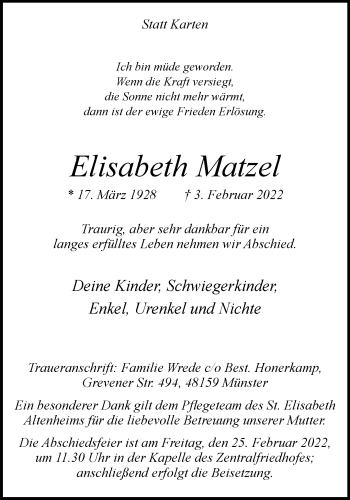 Anzeige von Elisabeth Matzel 
