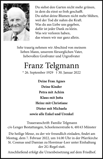 Anzeige von Franz Telgmann 