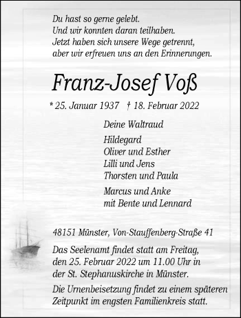 Anzeige von Franz-Josef Voß 