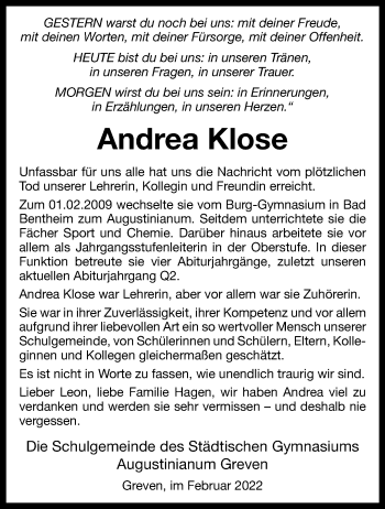 Anzeige von Andrea Klose 