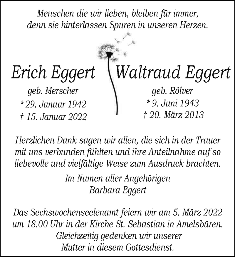  Traueranzeige für Waltraud Eggert vom 26.02.2022 aus 