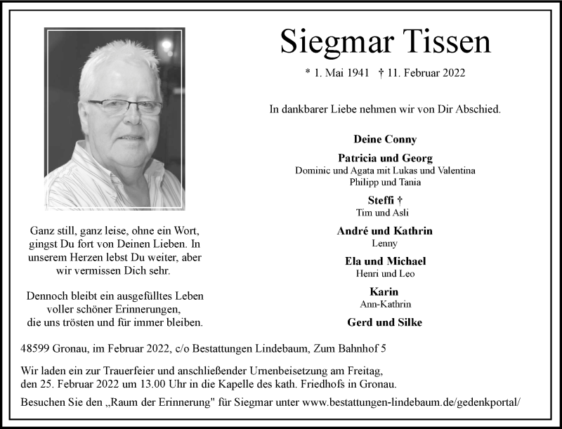  Traueranzeige für Siegmar Tissen vom 19.02.2022 aus 