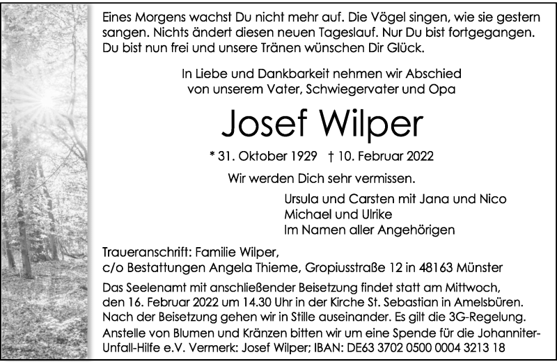  Traueranzeige für Josef Wilper vom 14.02.2022 aus 