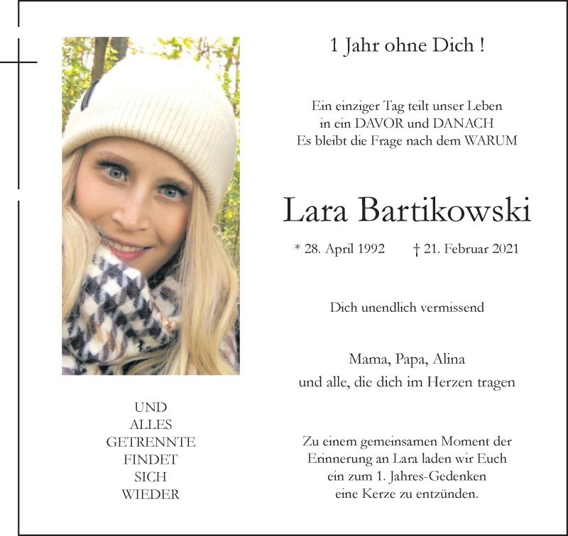  Traueranzeige für Lara Bartikowski vom 19.02.2022 aus 