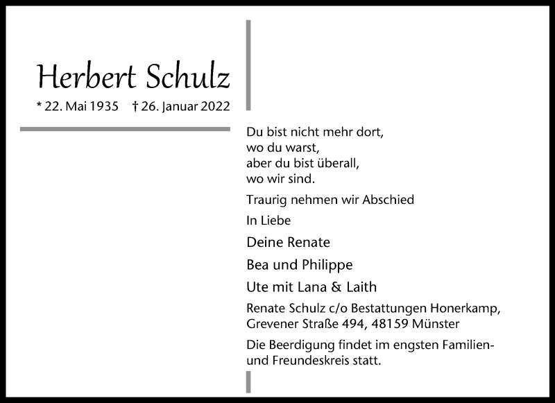  Traueranzeige für Herbert Schulz vom 01.02.2022 aus 