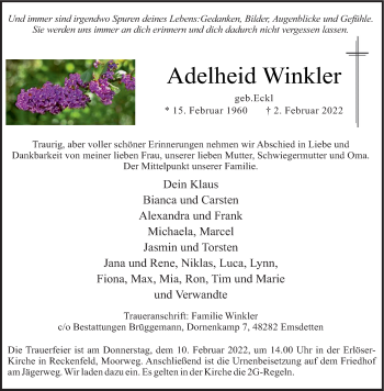 Anzeige von Adelheid Winkler 