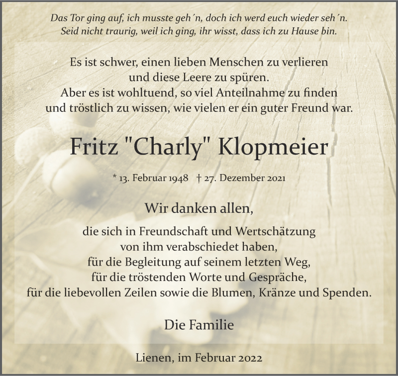  Traueranzeige für Fritz Charly Klopmeier vom 12.02.2022 aus 