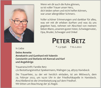 Anzeige von Peter Betz 