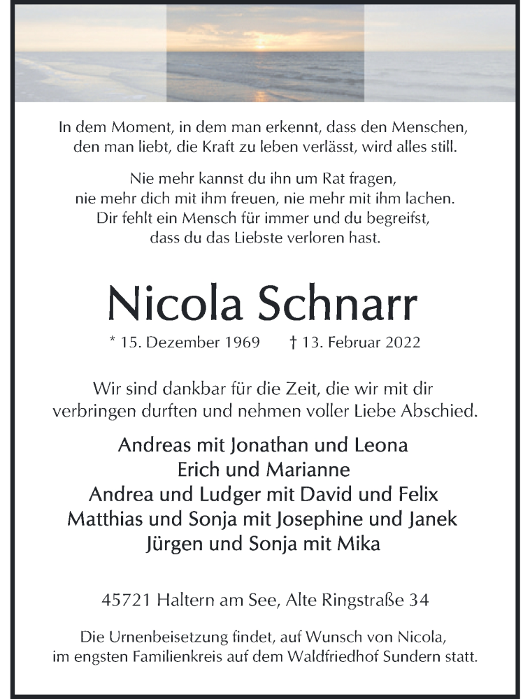  Traueranzeige für Nicola Schnarr vom 19.02.2022 aus 
