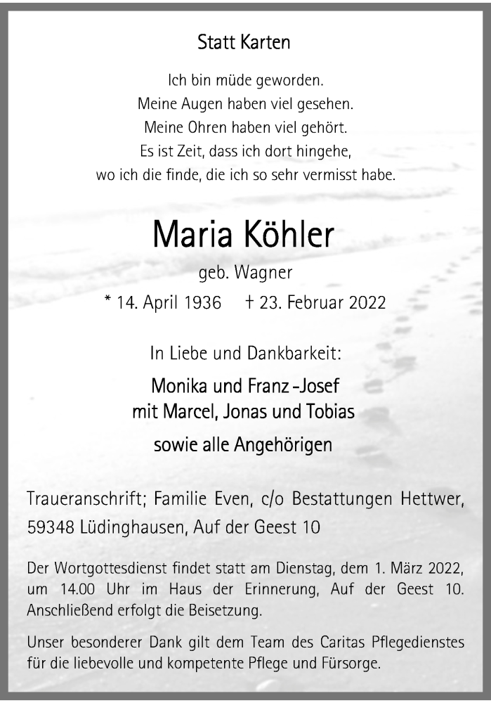  Traueranzeige für Maria Köhler vom 26.02.2022 aus 