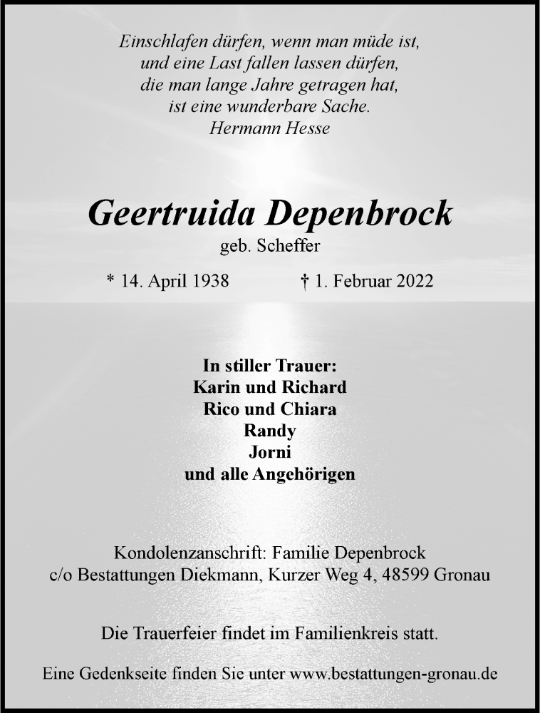  Traueranzeige für Geertruida Depenbrock vom 05.02.2022 aus 