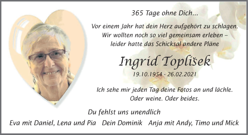  Traueranzeige für Ingrid Toplisek vom 26.02.2022 aus 