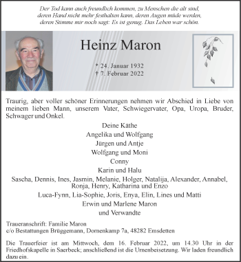 Anzeige von Heinz Maron 