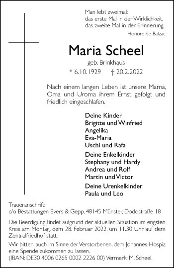 Anzeige von Maria Scheel 