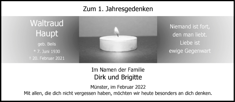  Traueranzeige für Waltraud Haupt vom 19.02.2022 aus 