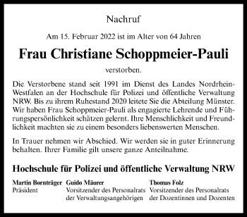 Anzeige von Christiane Schoppmeier-Pauli 