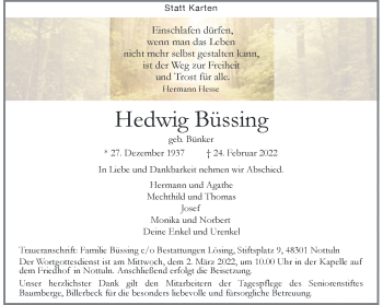Anzeige von Hedwig Büssing 