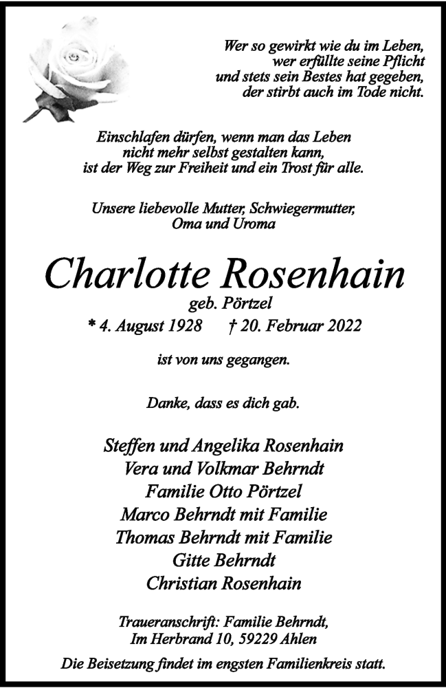  Traueranzeige für Charlotte Rosenhain vom 26.02.2022 aus 