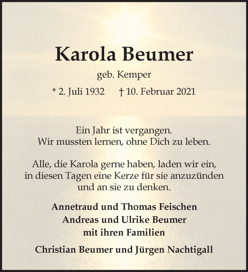  Traueranzeige für Karola Beumer vom 12.02.2022 aus 