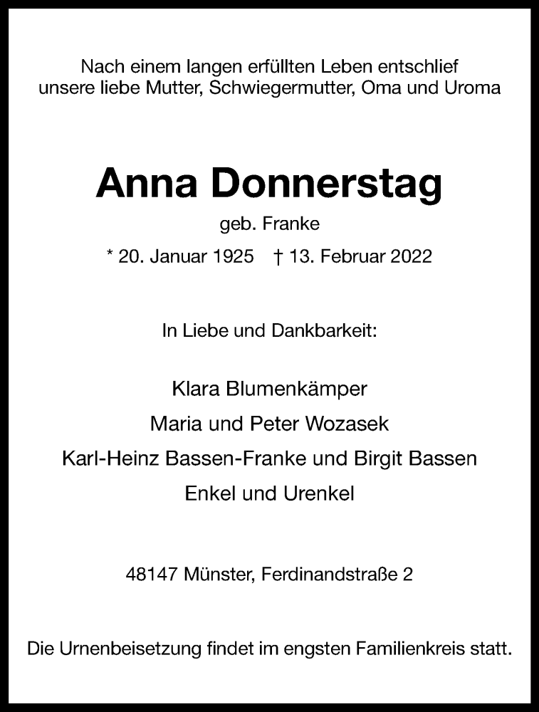 Traueranzeige für Anna Donnerstag vom 19.02.2022 aus 