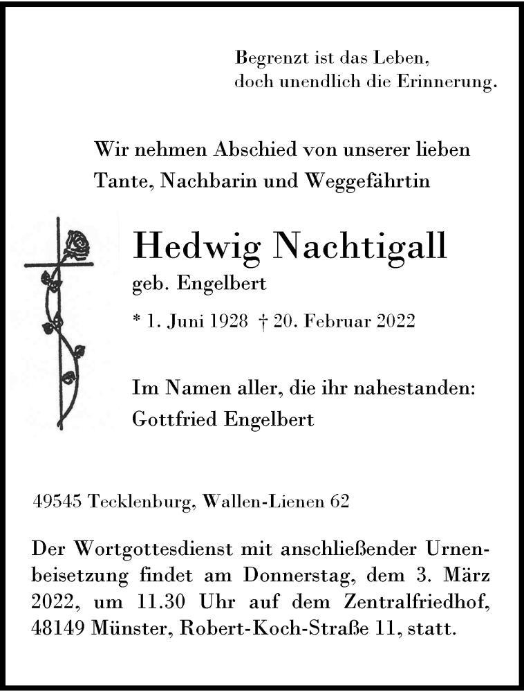  Traueranzeige für Hedwig Nachtigall vom 26.02.2022 aus 