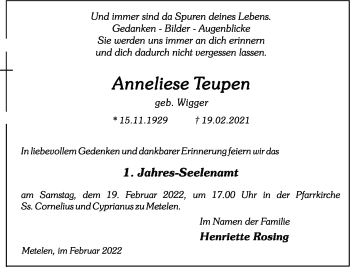 Anzeige von Anneliese Teupen 