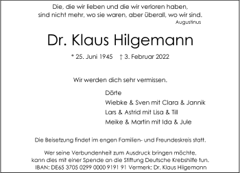 Anzeige von Klaus Hilgemann 