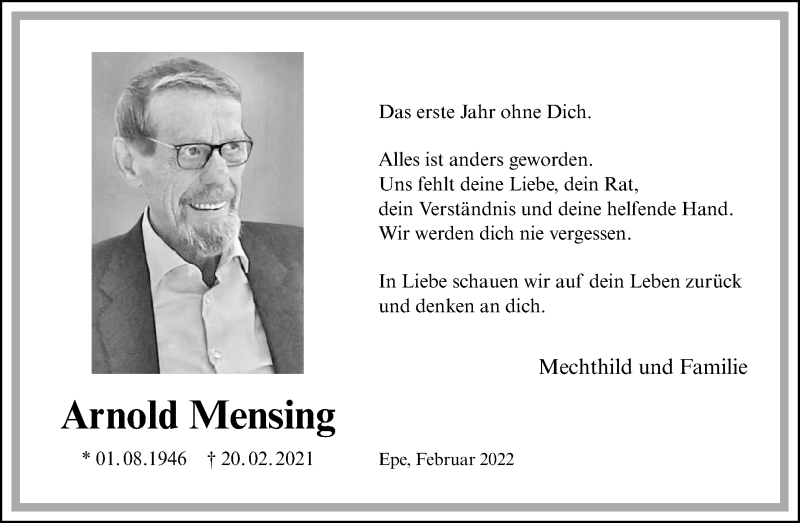  Traueranzeige für Arnold Mensing vom 19.02.2022 aus 