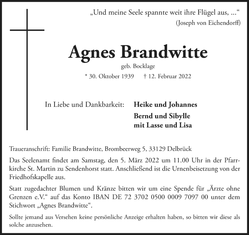  Traueranzeige für Agnes Brandwitte vom 16.02.2022 aus 