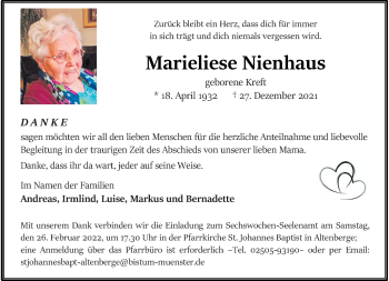 Anzeige von Marieliese Nienhaus 