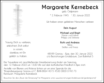 Anzeige von Margarete Kernebeck 
