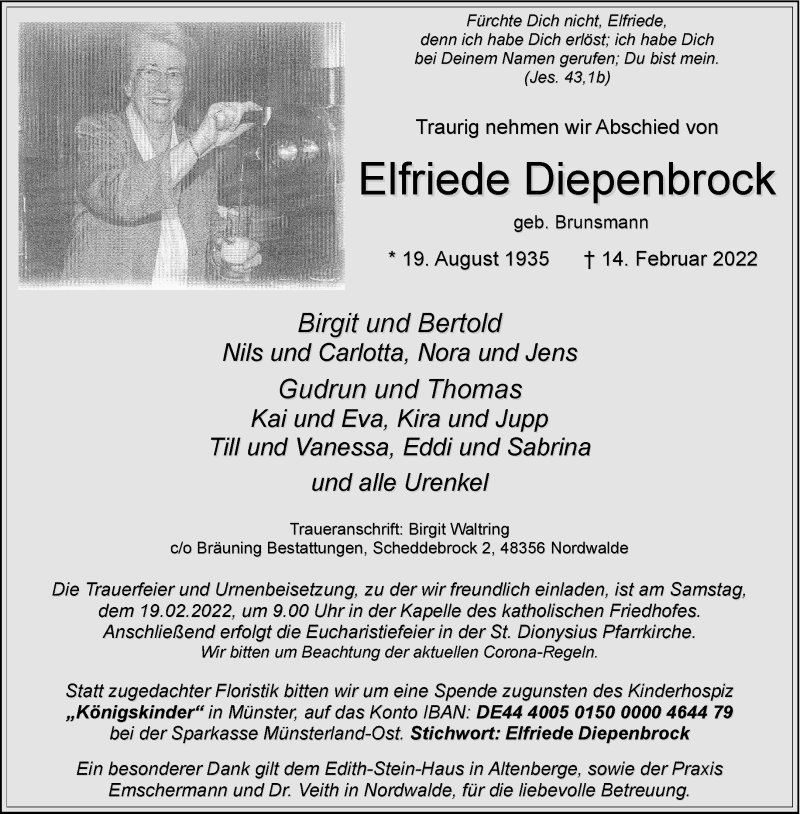  Traueranzeige für Elfriede Diepenbrock vom 16.02.2022 aus 