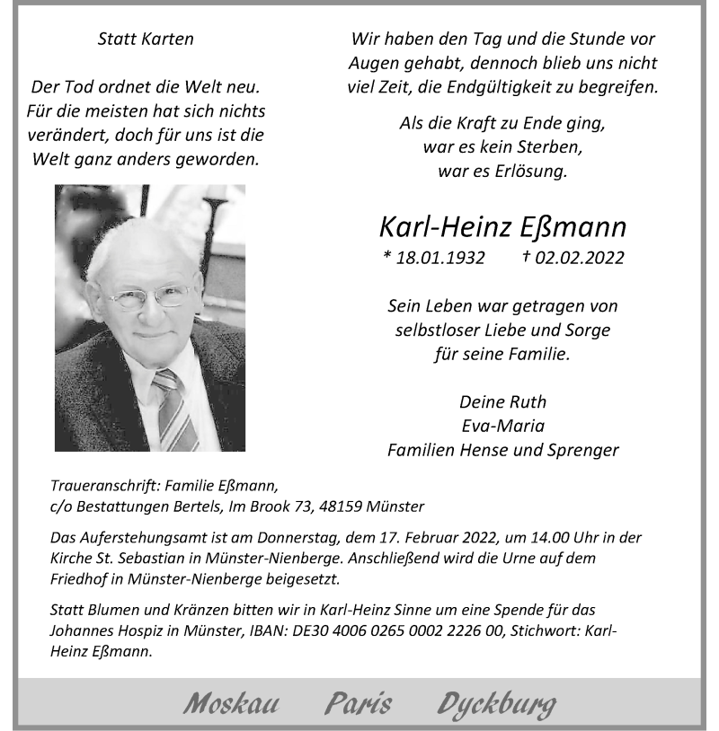  Traueranzeige für Karl-Heinz Eßmann vom 12.02.2022 aus 