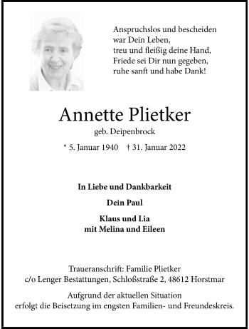 Anzeige von Annette Plietker 