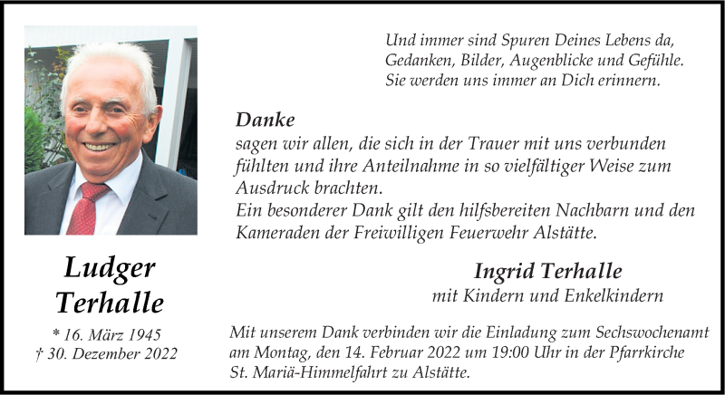  Traueranzeige für Ludger Terhalle vom 10.02.2022 aus 