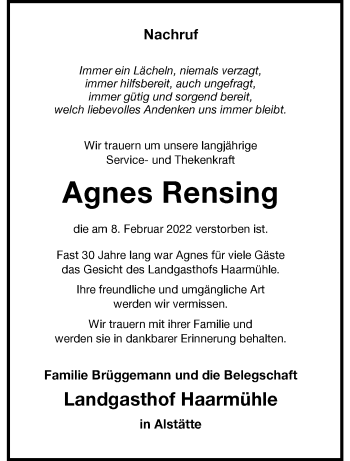 Anzeige von Agnes Rensing 