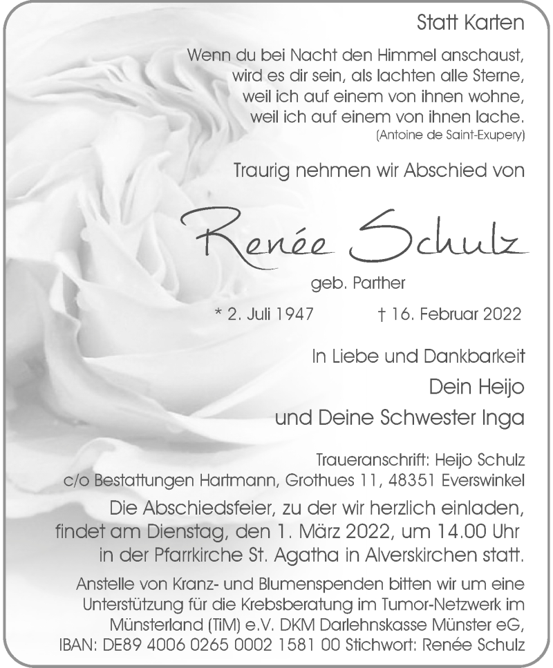  Traueranzeige für Renée Schulz vom 19.02.2022 aus 