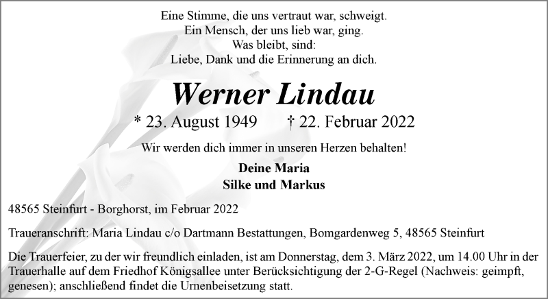  Traueranzeige für Werner Lindau vom 26.02.2022 aus 