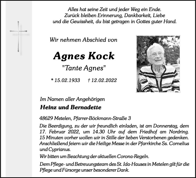  Traueranzeige für Agnes Kock vom 15.02.2022 aus 