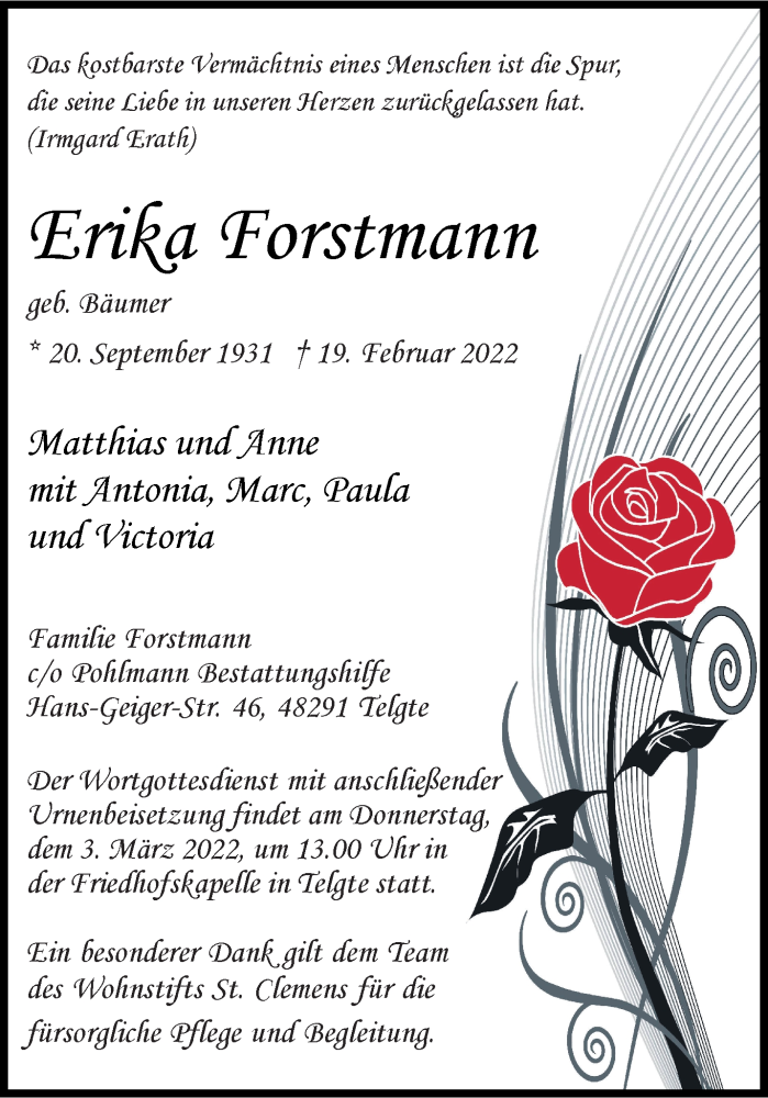  Traueranzeige für Erika Forstmann vom 26.02.2022 aus 
