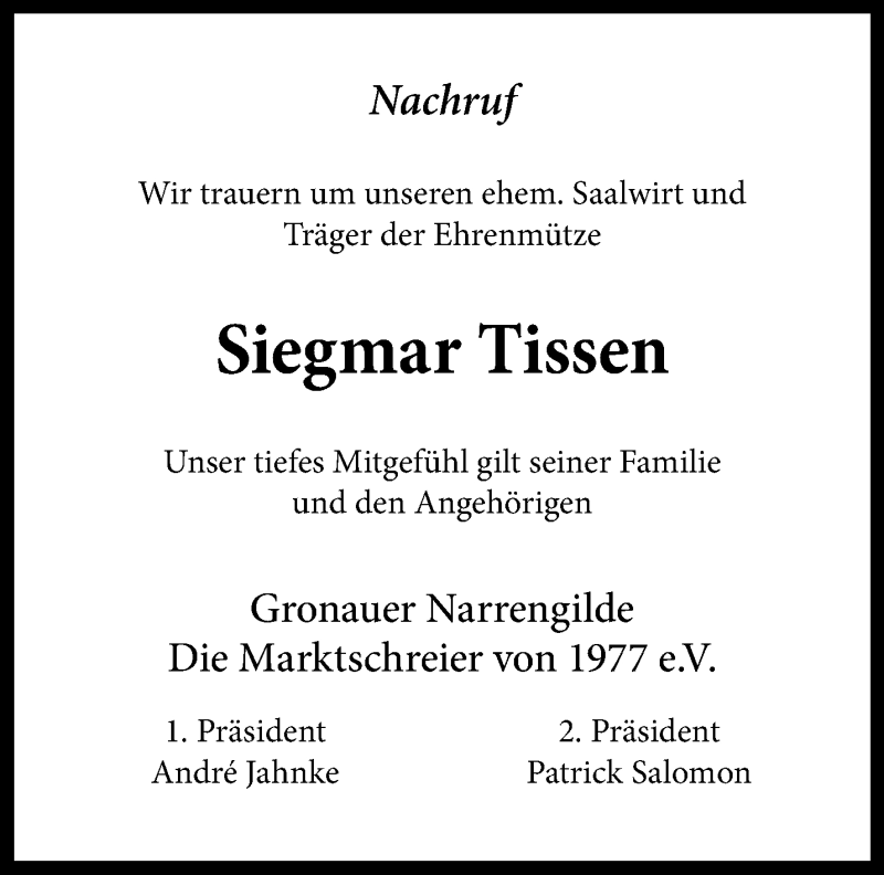  Traueranzeige für Siegmar Tissen vom 23.02.2022 aus 