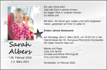 Anzeige von Sarah Albers 