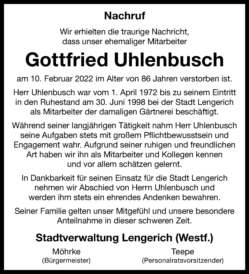  Traueranzeige für Gottfried Uhlenbusch vom 17.02.2022 aus 