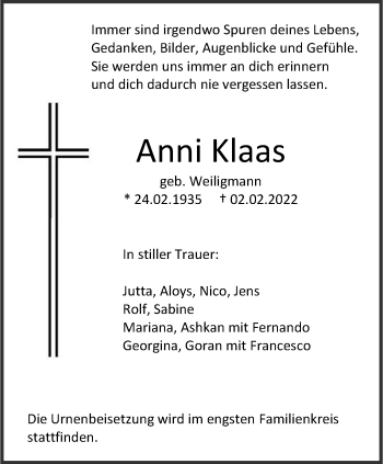 Anzeige von Anni Klaas 