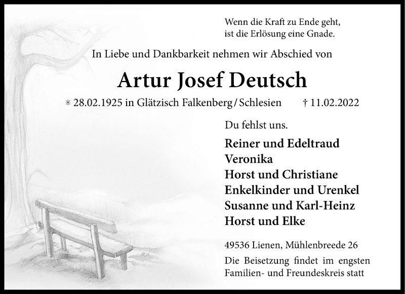  Traueranzeige für Artur Josef Deutsch vom 24.02.2022 aus 