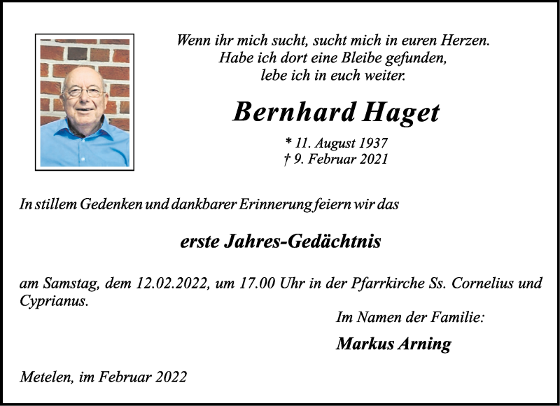  Traueranzeige für Bernhard Haget vom 09.02.2022 aus 