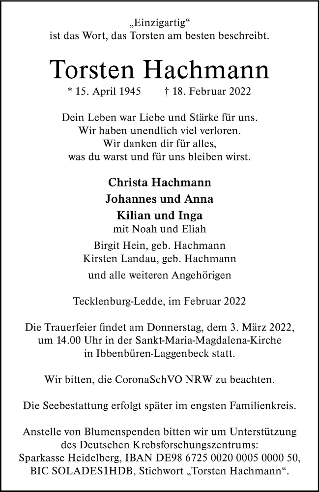  Traueranzeige für Torsten Hachmann vom 26.02.2022 aus 